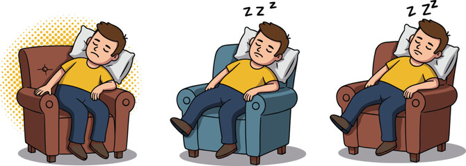 Cartoon vector illustration of tired man sleeping in comfortable armchair, relaxing with pillow, showing rest, fatigue, and peaceful deep sleep.