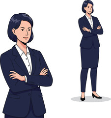 Confident businesswoman in professional suit standing with arms crossed, successful female executive leader character, modern office attire vector illustration.