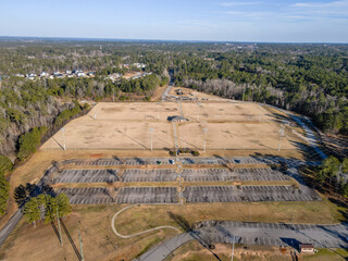 Aerial landscape Blanchard park forest winter after Hurricane Helene in Evans Augusta Georgia