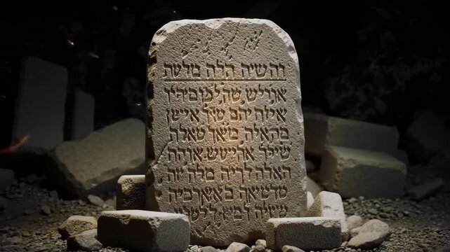 Ancient Hebrew Moses Ten Commandments Stone Tablet Glowing with Scripture Text, Biblical Documentary Spiritual Content, Religious Education Faith