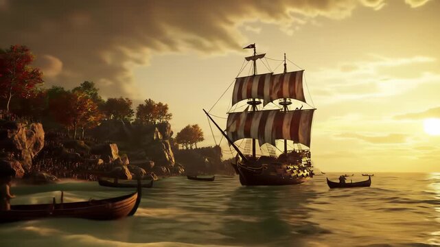 16th Century Sailing Ship and Crew Approaching Ancient Coastal Village During Epic Golden Sunset