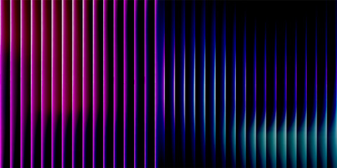 3d transparent ribbed glass background with refraction and holographic effect. Reeded glass with rainbow gradient. Render of corrugated wall with overlay reflection light on dark. 3d vector background