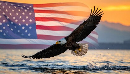 Naklejka premium Bald eagle flying low over water at sunset with American flag and mountains in the glowing sky.