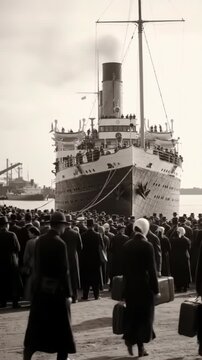 Authentic Historical Port Scene with Passenger Steamship, Crowd of Passengers Gathering During Early 1900s Transportation Era in Monochrome