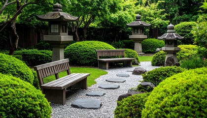 Serene Japanese garden with stone lanterns and benches