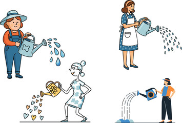 Illustration of diverse people watering plants with watering cans, gardening activity, creative water shapes, eco lifestyle, plant care, outdoor concept design.