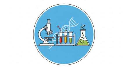 Science and research illustration, featuring a microscope, test tubes, and dna, perfect for educational or scientific content