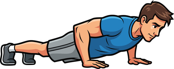 Illustration of strong athletic man doing push ups exercise in sportswear, fitness training workout, gym activity, healthy lifestyle vector design.