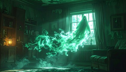 A spectral figure floats in a dimly lit, antique room