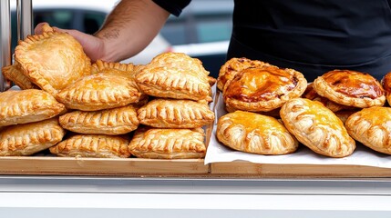 Freshly baked traditional pies and pastries displayed on a wooden surface for sale or celebration at a bakery or market