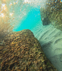 Underwater rocks photographed during a dive in the Mediterranean Sea