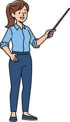 Smiling female teacher holding pointer stick, standing confidently, explaining educational lesson, professional woman teaching classroom, cartoon illustration for learning concept.