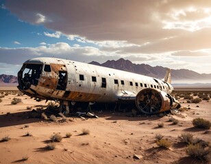 Abandoned plane wreck in a desert
