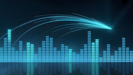 Futuristic cyan equalizer bars with glowing arc and reflections, abstract digital landscape in deep blue gradient, tech energy and innovation theme