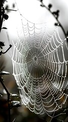 Dew-kissed spiderweb in the mist