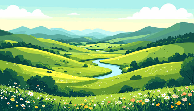 Serene summer landscape with rolling green hills, a winding river, and a meadow of colorful wildflowers under a clear sky