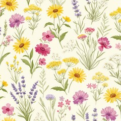 A charming and vibrant seamless pattern of watercolor wildflowers including sunflowers lavender and daisies on a light cream background