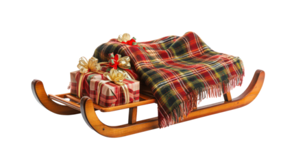 Christmas gifts and a cozy blanket on a wooden sled isolated on transparent background
