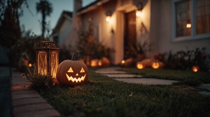 A cozy Halloween scene featuring a glowing Jack-o'-lantern and lanterns illuminating a charming home entrance, inviting the spirit of fall festivities and celebrations.