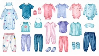Colorful baby clothes and accessories arranged in a grid layout, featuring onesies, pajamas, socks, hats, and bibs in playful patterns and pastel tones.