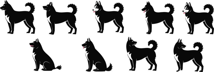 A Set of Black Dog Silhouettes in Various Poses, Including Standing and Sitting, Perfect for Pet, Animal, and Canine-Themed Designs.