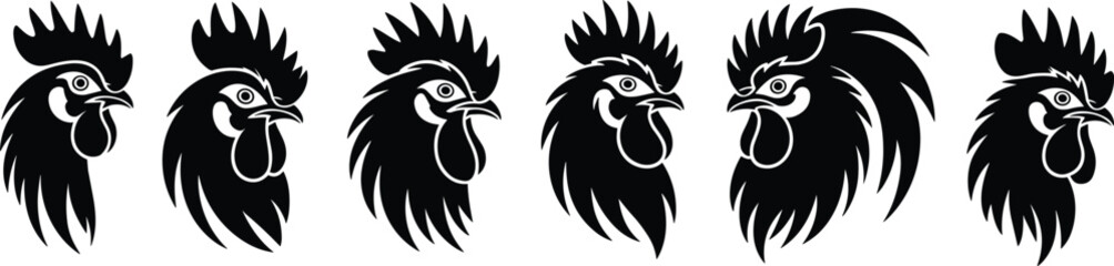 Rooster head silhouette, a collection of unique logo designs for chicken farm, food products, and agriculture brand.