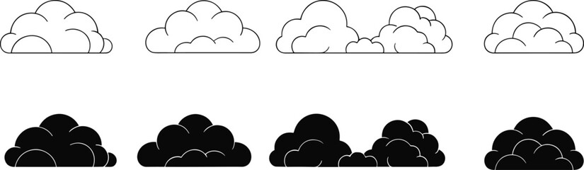 Set of black and white cloud icons, cartoon style vector illustrations for weather design, web, apps, animation, and printing