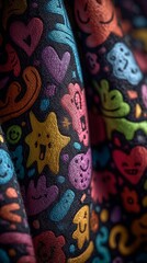 Colorful fabric featuring whimsical and playful cartoon designs, showcasing various emotive faces and shapes against a dark background, ideal for vibrant textile designs.