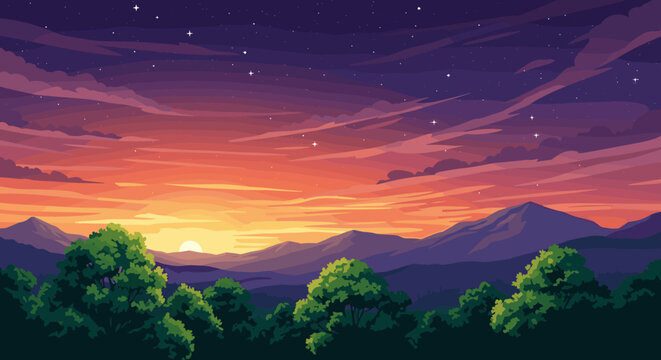 A serene pixelated sunset painting over rolling hills and lush green trees under a starry sky