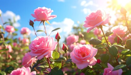 A vibrant display of pink roses in a sunny garden