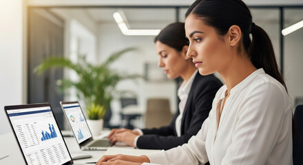 Asian executive manager businesswoman finance analyst using pc for data analysing. Smiling mature eastern business woman working on laptop computer standing isolated. Profile portrait at camera