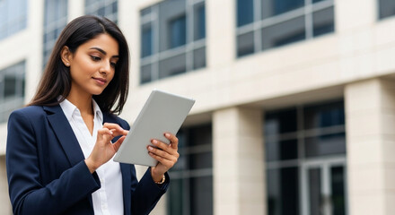 Banner of young middle eastern Israel businesswoman using tablet pc application for online remote work at office business building outdoors. Indian or arabic woman holding digital computer. Copy space