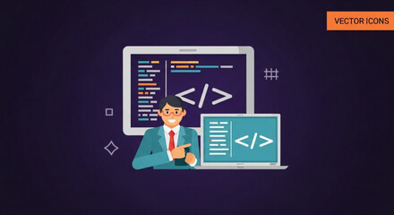 Software developer vector icon illustration featuring a programmer coding on a computer with code on screen and wearing glasses and a suit