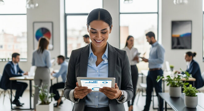 Busy executive CEO businesswoman professional holding digital tablet pc device for work in modern office workplace. Successful smiling latin hispanic young woman using pad computer for business app