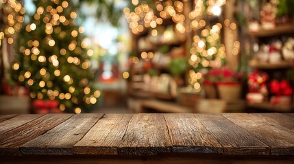 Rustic wooden table with a beautiful soft-focus background featuring Christmas lights and decorations, creating a cozy holiday atmosphere perfect for seasonal festivities.