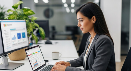 Dreaming mature eastern business woman working on laptop computer sitting in office looking smiling aside, copy space. Asian executive manager businesswoman finance analyst using pc at workplace