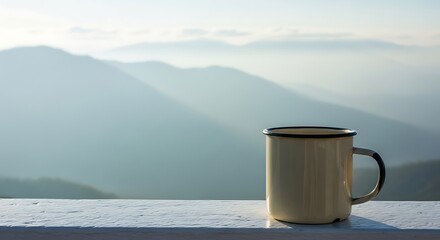 A mug of coffee sits on a ledge overlooking misty mountains at sunrise