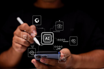 A person uses a smartphone with digital graphics representing artificial intelligence and technology concepts.