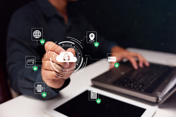 A person interacts with digital icons representing cloud computing and security, highlighting technology and data management concepts.