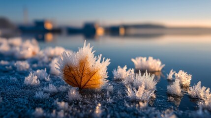 Frosted leaf resting on a frozen surface near a calm lake at sunrise