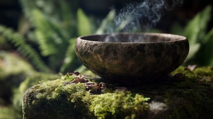 Natural incense bowl releasing smoke in a serene outdoor setting surrounded by green foliage