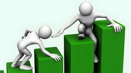 Teamwork figures climbing ascending green bars, one helping another at the top, minimalist 3D growth and support concept on white