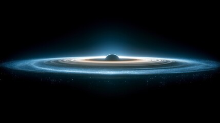 Cosmic view of a black hole surrounded by glowing rings and stars in deep space