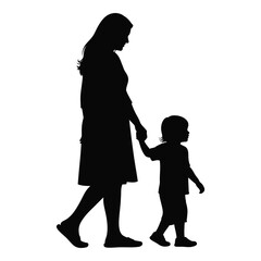Mother and child silhouette walking together hand in hand showing connection and love silhouette
