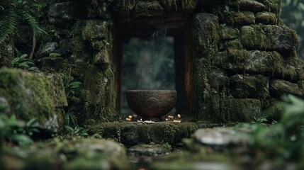 Ancient stone structure with a bowl and smoke surrounded by lush greenery in a serene setting