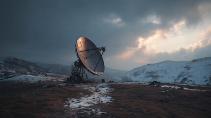 Large satellite dish stands in snowy landscape at sunset with dark clouds