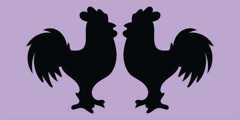 A black silhouette illustration of two roosters facing each other in a confrontational stance