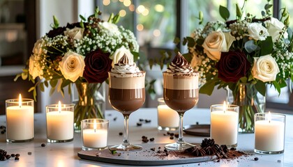 Elegant layered coffee dessert with flowers and candles