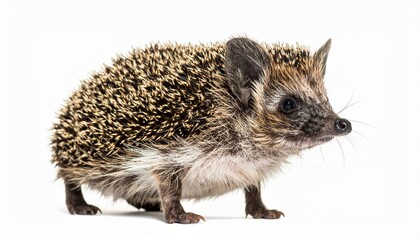 Fototapeta premium Hedgehog in motion on white surface with white background, showcasing detailed spines and facial features, symbolizing curiosity and natural charm.