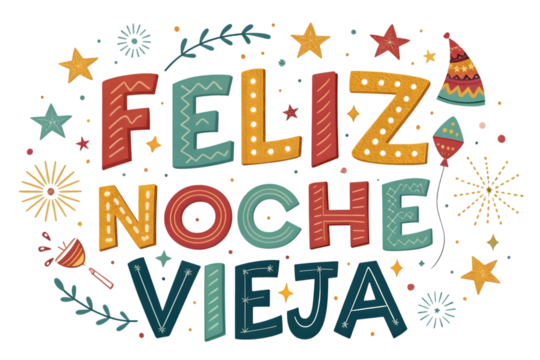 Feliz Noche Vieja Hand- Drawn Festive Illustration New Year's Eve PNG Transparent background - Powered by Adobe